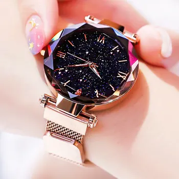 Женские модные часы со звездным небом, сетчатый пояс с магнитной пряжкой, кварцевые часы с бриллиантами, женское платье, часы