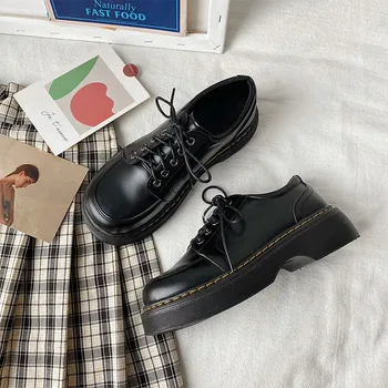 Женские туфли-лодочки HUAXI Mary Jane, коллекция 2023 года, Весенние Однотонные туфли на платформе Со шнуровкой, Повседневные Zapatillas Mujer, Черные, высотой 4,5 см, Zapato