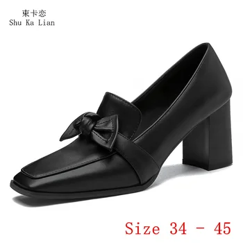 Женские туфли-лодочки на высоком каблуке 7 см с Квадратным Носком, Лидер Продаж, Оксфорды, Женская Обувь на высоком Каблуке, Большие Размеры 34-45