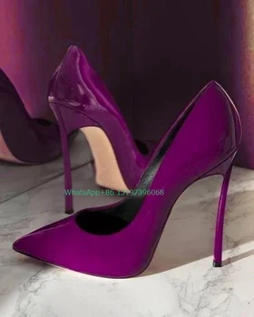 Женские фиолетовые туфли на высоком каблуке с острым носком из искусственной кожи, пикантные цветные яркие туфли-лодочки, обувь для банкетов, повседневные новые стили, туфли на шпильках, размер 46