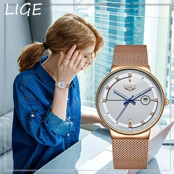 Женские часы LIGE Лидирующий бренд, роскошные женские сетчатые часы с ультратонким ремешком, Водонепроницаемые часы из нержавеющей стали, кварцевые часы Reloj Mujer