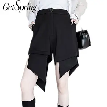 Женские шорты GetSpring Летние шорты в клетку в стиле пэчворк, Нерегулярные шорты с высокой талией, модные универсальные женские шорты Черного цвета, новинка 2021 года