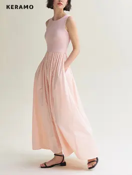 Женские Элегантные платья во французском стиле без рукавов с круглым вырезом, однотонные платья 2023, Лето, простой стиль, Розовое платье-камзол свободного кроя