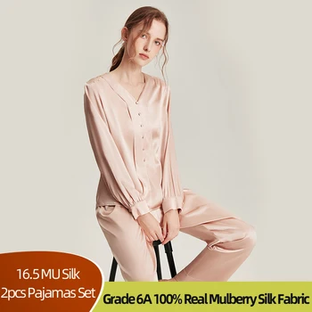 Женский длинный пижамный комплект из 100% шелка тутового дерева, пижамы с V-образным вырезом и длинным рукавом, 2 шт. Топ + брюки, шелковые пижамы, пижамные комплекты для отдыха