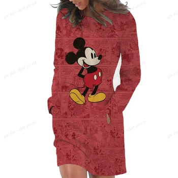 Женский повседневный длинный пуловер с принтом Disney Minnie Mickey, платье-толстовка с длинным рукавом, мультяшные мини-платья-свитера с карманами