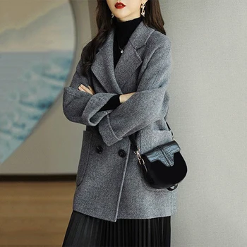 женское двубортное Свободное шерстяное пальто, однотонное Женское повседневное пальто с длинными рукавами, осень-зима 2022 г.