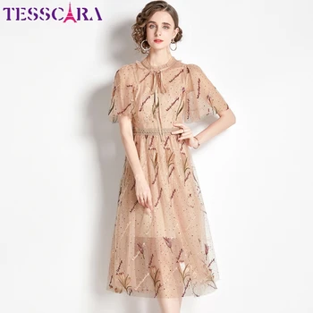 Женское Летнее Элегантное Сетчатое Платье с вышивкой TESSCARA, Высококачественное Длинное Платье для Свадебной вечеринки, Винтажное Дизайнерское платье Vestidos