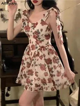 Женское мини-платье в романтическом пляжном стиле, Тонкое Летнее платье с цветочным принтом Fairycore Hotsweet в стиле Ретро, Повседневное, Ins, Популярный тонкий дизайн на шнуровке с рюшами