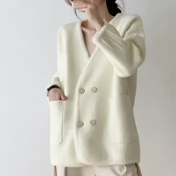 Женское модное шерстяное пальто в белую полоску 2022, Элегантная женская осенне-зимняя двубортная короткая куртка с подкладкой, Стеганое короткое пальто