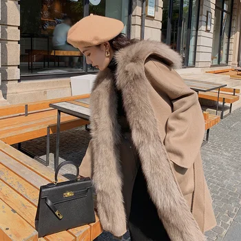 Женское пальто из натуральной шерсти с отделкой крупным натуральным лисьим мехом Женская модная куртка с карманами с длинными рукавами YX3721