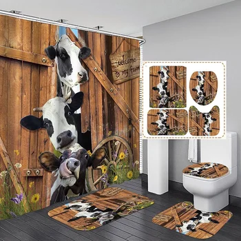Забавная корова, Деревенский фургон, набор штор для душа, Деревенская цветочная ферма, Милые животные, Деревянный фермерский дом, Набор для ванной комнаты, декор, коврик для ванной