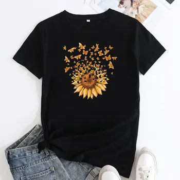 забавные футболки с рисунком бабочки подсолнуха, женская хлопковая футболка с круглым вырезом, женская футболка с круглым вырезом, футболка размера плюс 5XL
