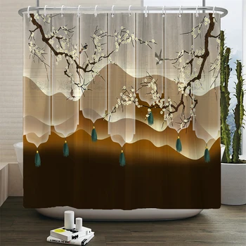 Занавеска для душа в японском стиле с 3D-принтом, китайские цветы и птицы, водонепроницаемая занавеска для ванной, украшение дома, шторы с крючками
