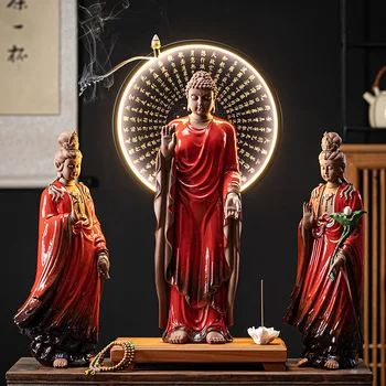 Западные Керамические украшения из трех Святых Будд Новое китайское украшение для дома Светодиодное кольцо Буддийские украшения