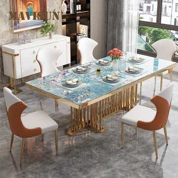 Зеленый обеденный стол с 4 стульями, Набор мебели для кухни в скандинавском стиле для дома, Прямоугольный Роскошный обеденный стол из глянцевого сланца в стиле Лофт