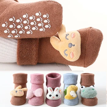 Зимние толстые махровые детские носки С милым мультяшным кроликом и динозавром, теплые Носки для новорожденных девочек и мальчиков, противоскользящие носки
