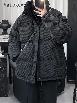 Зимняя куртка с вафельной утепленной подкладкой, мужская однотонная одежда большого размера, теплая одежда со стоячим воротником, мужская одежда в стиле хип-хоп, утепленное пальто в стиле хип-хоп.