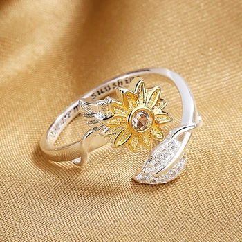 Изысканное кольцо в виде подсолнуха с листьями циркона, Открытое кольцо, Выступающее на палец, Ты Мое Солнце, Цветочное кольцо для женщин, подростков, F3MD