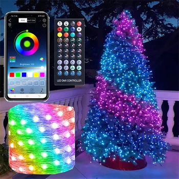 Интеллектуальное управление приложением Bluetooth Струнный светильник 20 м 200 светодиодов RGB Рождественская елка Сказочный светильник USB световая гирлянда для декора свадебной вечеринки