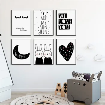 Картина на холсте с принтами мультяшных кроликов и плакатами, красочное сердце, цитата из детской, настенное искусство, Скандинавский декор детской комнаты