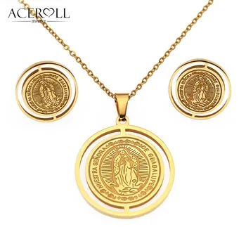Католическая серьга и ожерелье из нержавеющей стали ACEROLL с круглой медалью Девы Марии и Леди Гваделупской для христиан