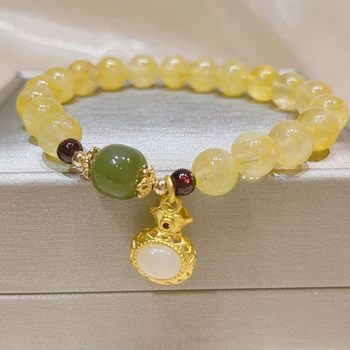 Классический браслет из натурального желтого хрусталя для женщин, браслеты из натуральной тыквы из Хотанского нефрита, ювелирные изделия в китайском ретро-этичном стиле, подарок