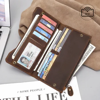 кожаный бумажник, мужская RFID-противоугонная щетка, кошелек с несколькими картами, длинный кожаный бумажник