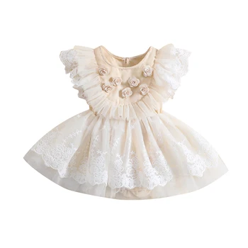 Комбинезон Для новорожденных девочек, круглый вырез с рукавами-крылышками, платье трапециевидной формы из цветочного кружева, тюль в стиле пэчворк, 0-18 м