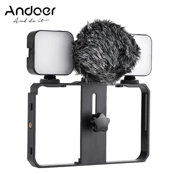 Комплект видеокамеры для смартфона Andoer с мини-светодиодными заполняющими лампочками, микрофоном, амортизатором, ветрозащитным экраном для прямой трансляции видео по телефону