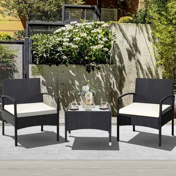 Комплект из 3 предметов плетеной мебели из ротанга для патио с подушкой для газона, сада на заднем дворе, уличных столов и стульев