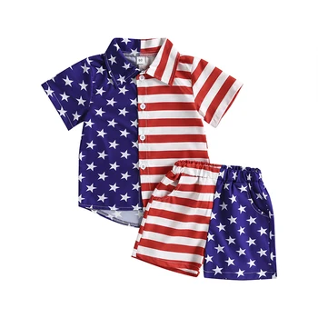 Комплекты одежды для мальчиков FOCUSNORM на День независимости от 1 до 6 лет, 2 шт., цветные рубашки с короткими рукавами в полоску и принтом звезд, топы и шорты