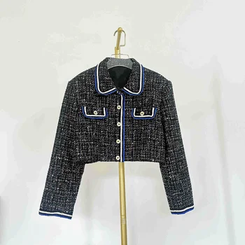 Короткая куртка/юбка из твида с контрастным отворотом, женская новинка 2023 ранней осени