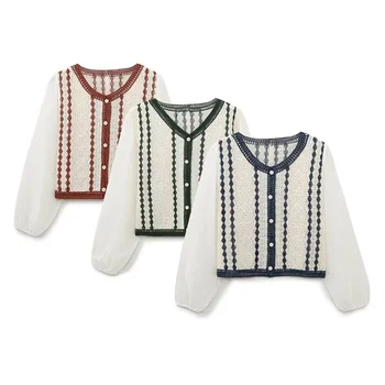 Короткие топы Woamn Sweet Beige с вышивкой в стиле пэчворк 2023, Весенняя Женская повседневная однобортная блузка, блузки в национальном стиле