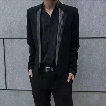 Костюм с цепочкой спереди, модный дизайн, пальто высокой уличной моды, черный приталенный повседневный костюм для мужчин