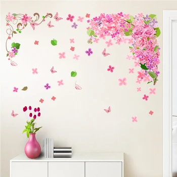 Красочные розовые бабочки с цветочной лозой, наклейка на стену для комнаты девочек, декоративные наклейки, сделай сам, Растительная фреска, художественный плакат, Очисти и приклей.