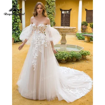 Кружевное Свадебное платье принцессы-сердечки из блестящего тюля со съемными аппликациями с длинными пышными рукавами Свадебные платья vestidos de novia