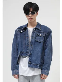 Куртка из корейских нерегулярных джинсов, мужская одежда, Повседневное джинсовое однобортное пальто, уличная одежда с отложным воротником, Однотонная ковбойская верхняя одежда