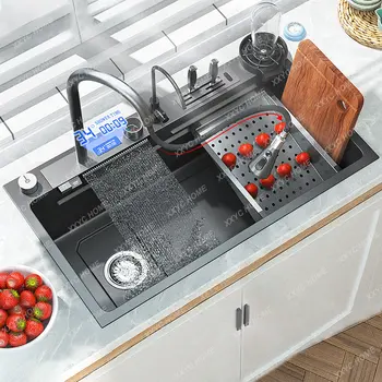 Кухонная Водопадная раковина из нержавеющей стали 304, Цифровой дисплей, Раковина для мытья посуды с многофункциональным сенсорным водопадом