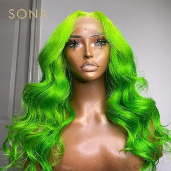 Лаймово-зеленые парики на кружеве 13x4 для женщин, цветные человеческие волосы, 13x6 HD, прозрачный парик на кружеве, объемная волна, предварительно выщипанный