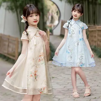 Летние платья в стиле чонсам для девочек, шифоновое платье ципао с традиционной китайской вышивкой для детей, костюмы Tang Suit