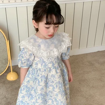 Летние платья для девочек от 2 до 6 лет, Корейская детская одежда 2023 года, милые бантики сзади, платье принцессы с кружевным воротником и цветочным принтом для девочек