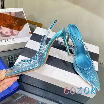 Летние роскошные босоножки на высоком каблуке из прозрачного ПВХ с острым носком и блестящими кристаллами, высококачественная обувь для вечеринок, Женские свадебные туфли из натуральной кожи