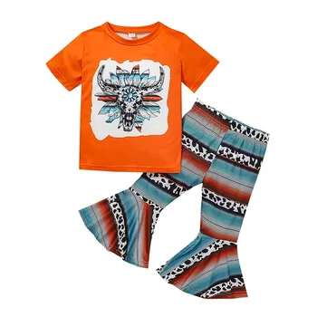Летний бутик-костюм для девочек, оранжевый топ с короткими рукавами и принтом коровы, полосатые белые расклешенные брюки, комплект из 2 предметов