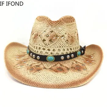 Летняя ковбойская шляпа из полой соломы в западном стиле для мужчин, пляжная ковбойская шляпа с загнутыми полями, джазовая шляпа от солнца, сомбреро Hombre