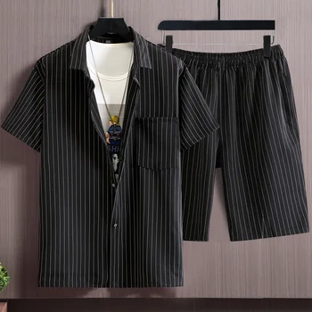 Летняя мужская рубашка в вертикальную полоску больших размеров, брюки свободного кроя, деловая рубашка большого размера, комплект мужской одежды 9xl 11XL 10XL, мужская одежда