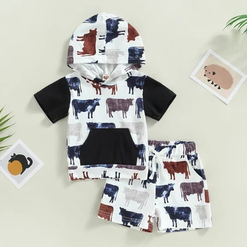 Летняя одежда для маленьких мальчиков, топы с капюшоном и карманами с принтом коровы, топы с короткими рукавами и шорты с эластичной талией, костюм из 2 предметов