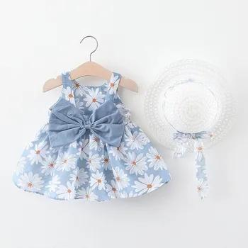 Летняя одежда, платья для маленьких девочек, юбка с цветочным бантом + шляпа, комплект из 2 предметов, Повседневный Милый детский костюм, платья принцессы без рукавов