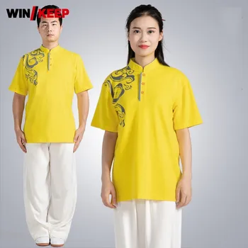 Летняя футболка унисекс с коротким рукавом Кунг-фу, хлопковые футболки с винтажным принтом Вин Чунь, рубашка Тайцзи со стоячим воротником, Унисекс
