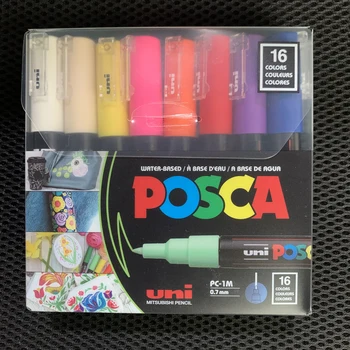 Маркер для рисования Uni Posca, Упаковка из 16 цветов PC-1M, 0,7 мм Сверхтонкий Пулевидный Наконечник, Художественная ручка на водной основе для рисования любых поверхностей в подарок