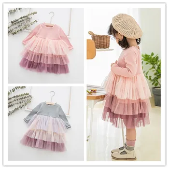 Милое платье для девочек, осенние платья для малышей с длинными рукавами, хлопковая сетчатая детская одежда, многослойное платье принцессы